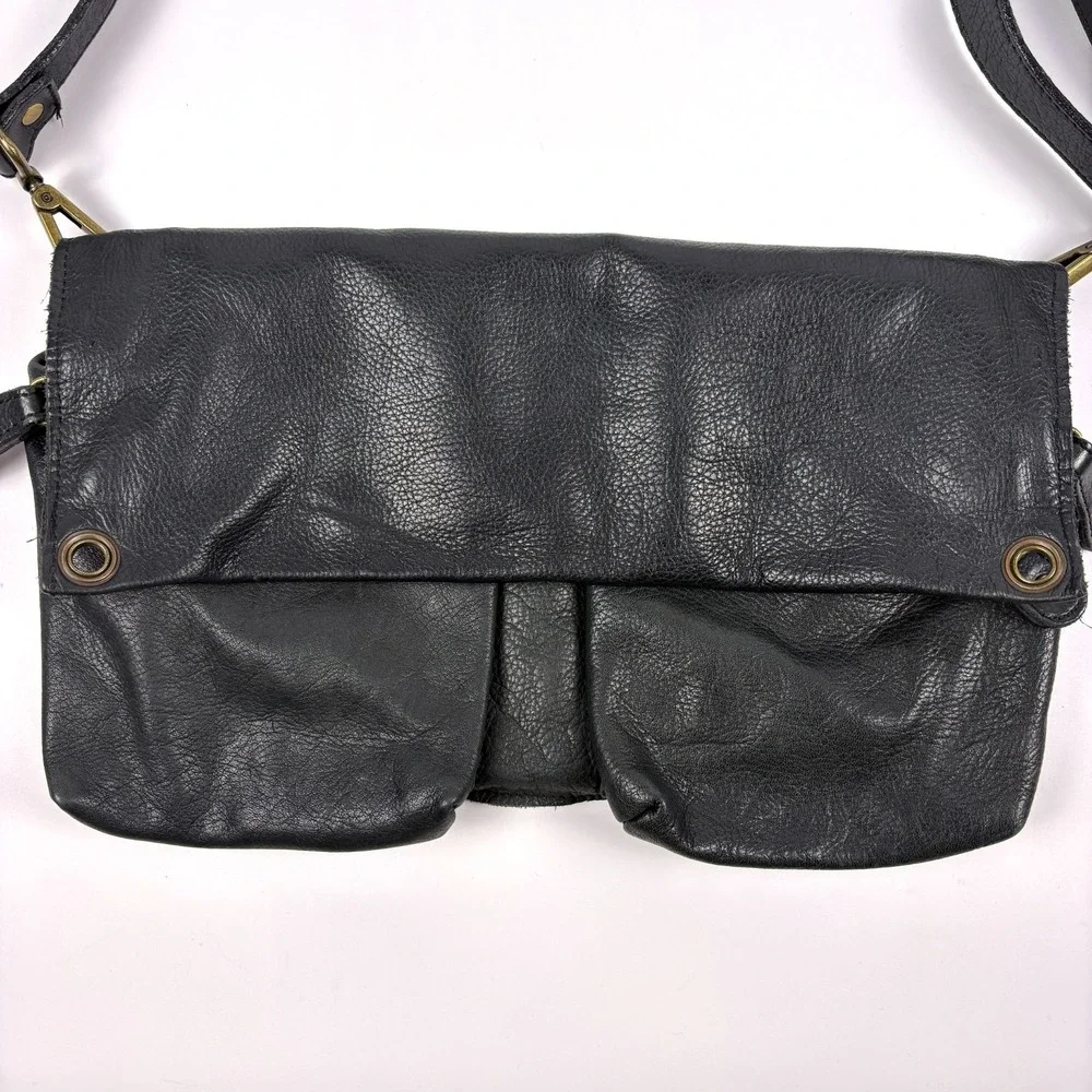 Y2K Pulicati Double Cargo Pocket Foldover Crossbody Bag Purse Black Leather Mili